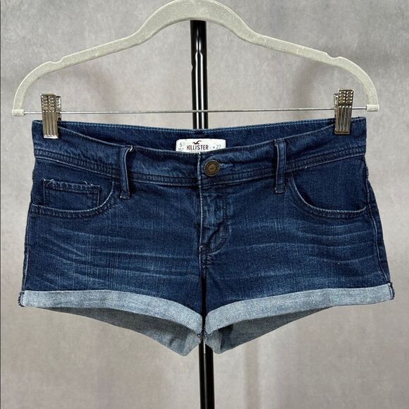Hollister Cuffed Low Rise Shorties Dark Wash Blue Denim Jean Shorts 5 / 27W - Picture 1 of 4